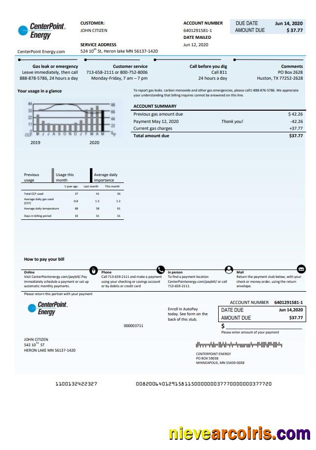 USA Texas Center Point Energy utility bill